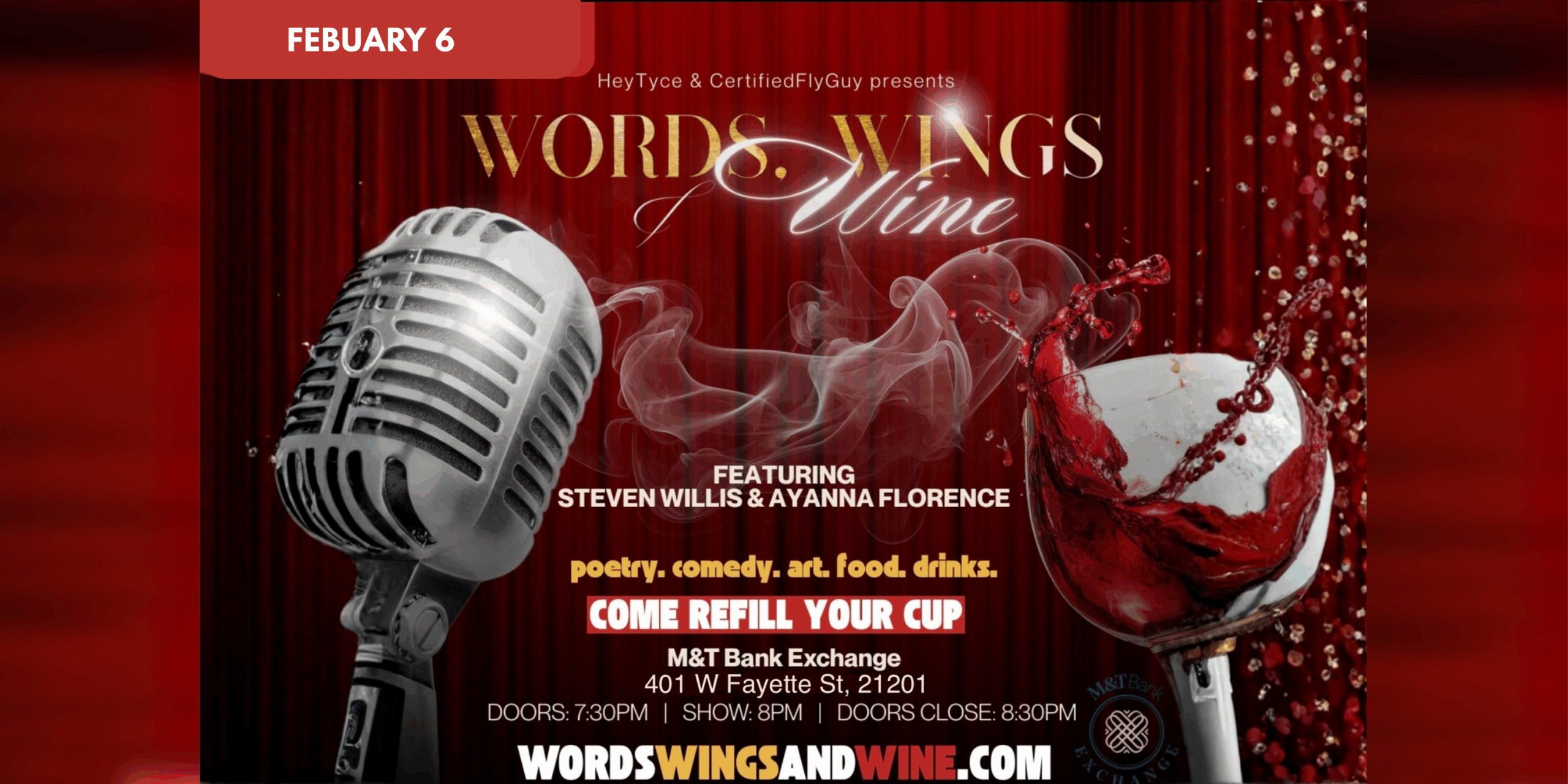 HeyTyce is returning to the M&T Bank Exchange for Words, Wings, and Wine, spoken poetry event February 6 with Certified Fly Guy