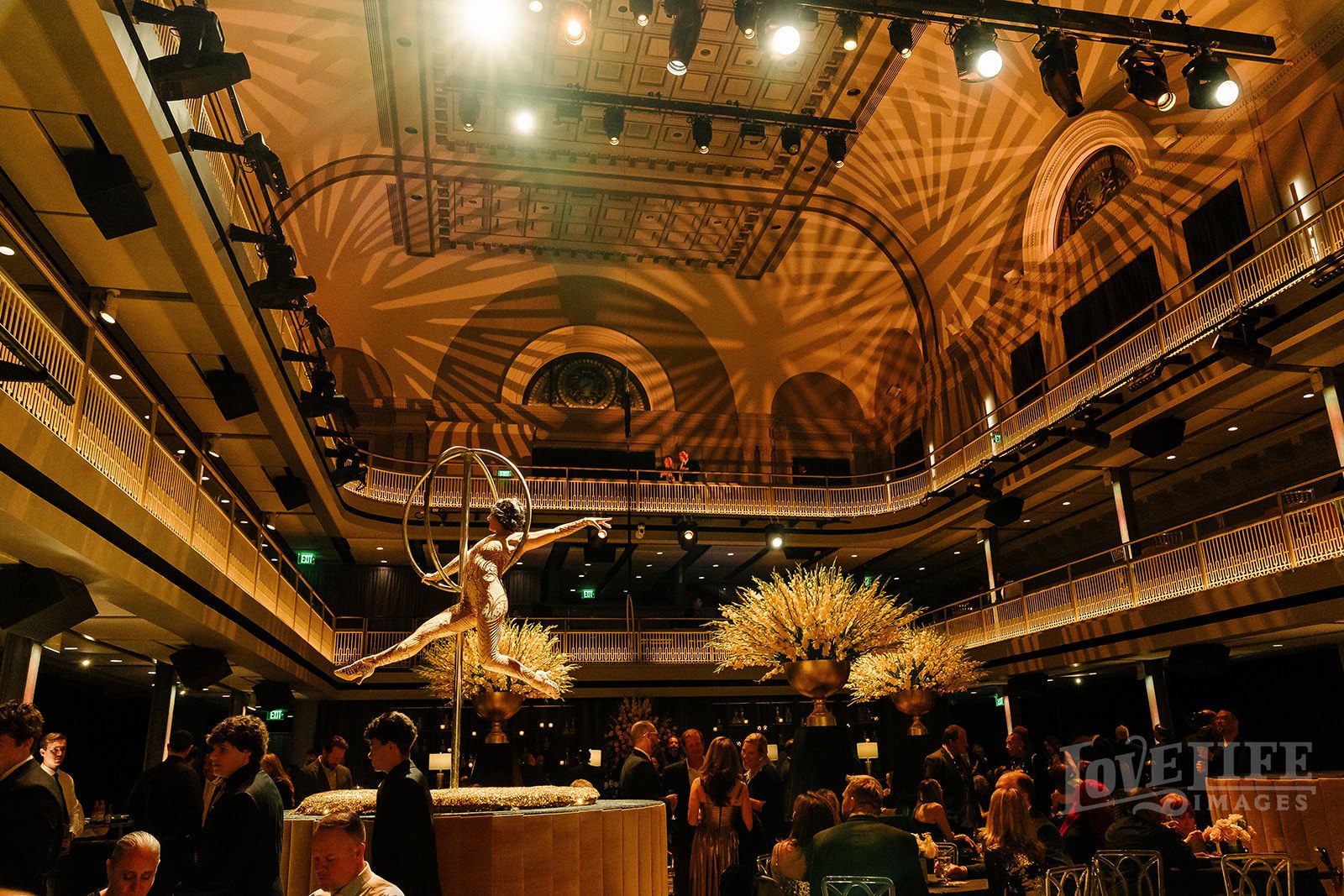 Gorgeous birthday setup for a birthday party with acrobats taken by Love Life Images