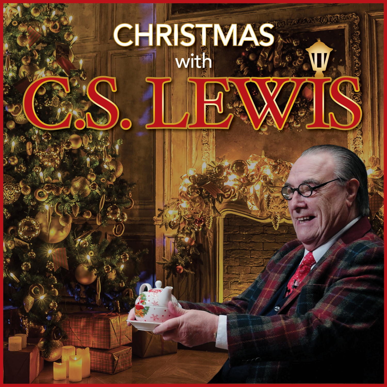 Christmas with C.S. Lewis. C.S. Lewis sitting by a fire with tea.