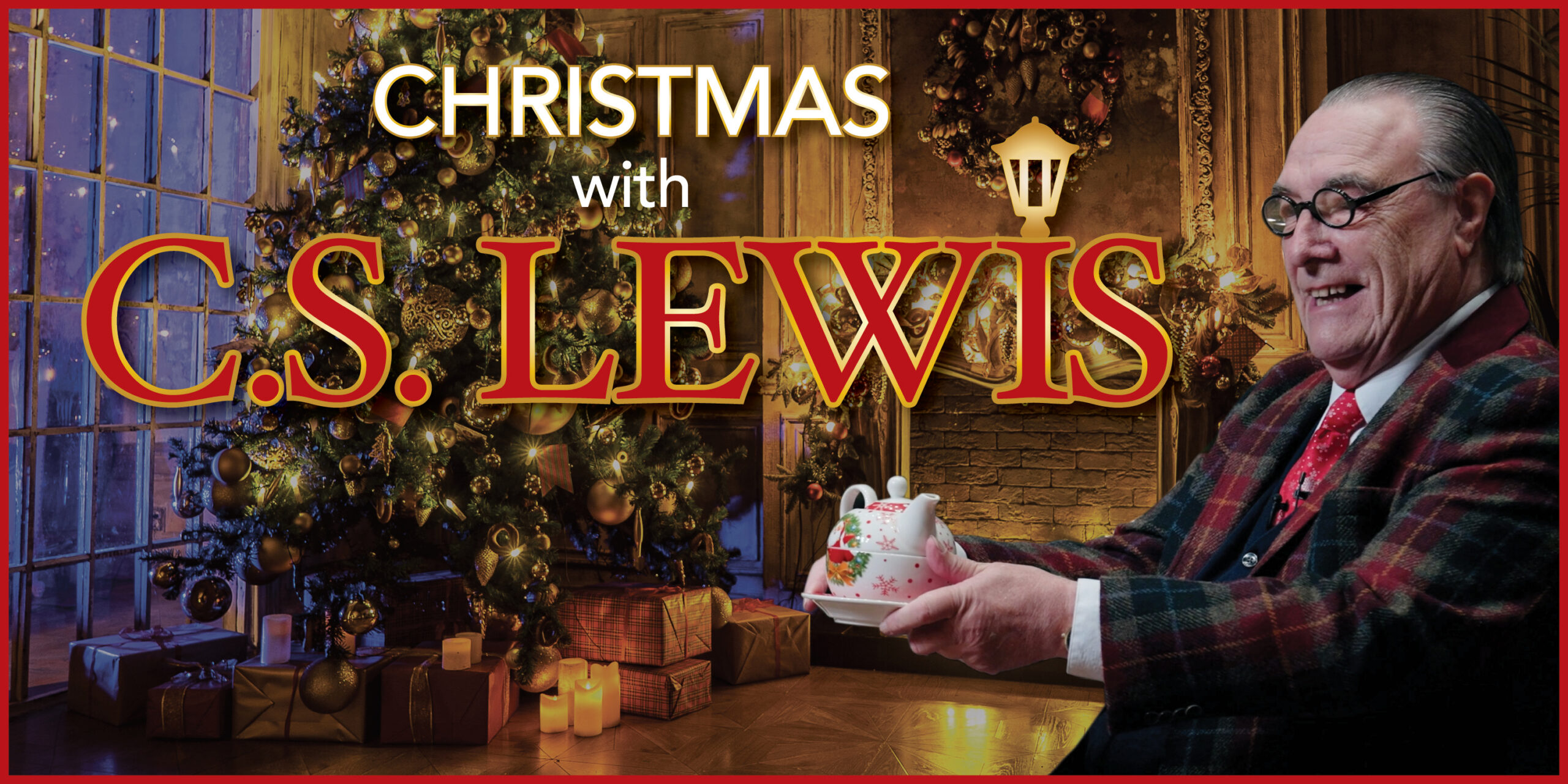 Christmas with C.S. Lewis. C.S. Lewis sitting by the fire with tea.