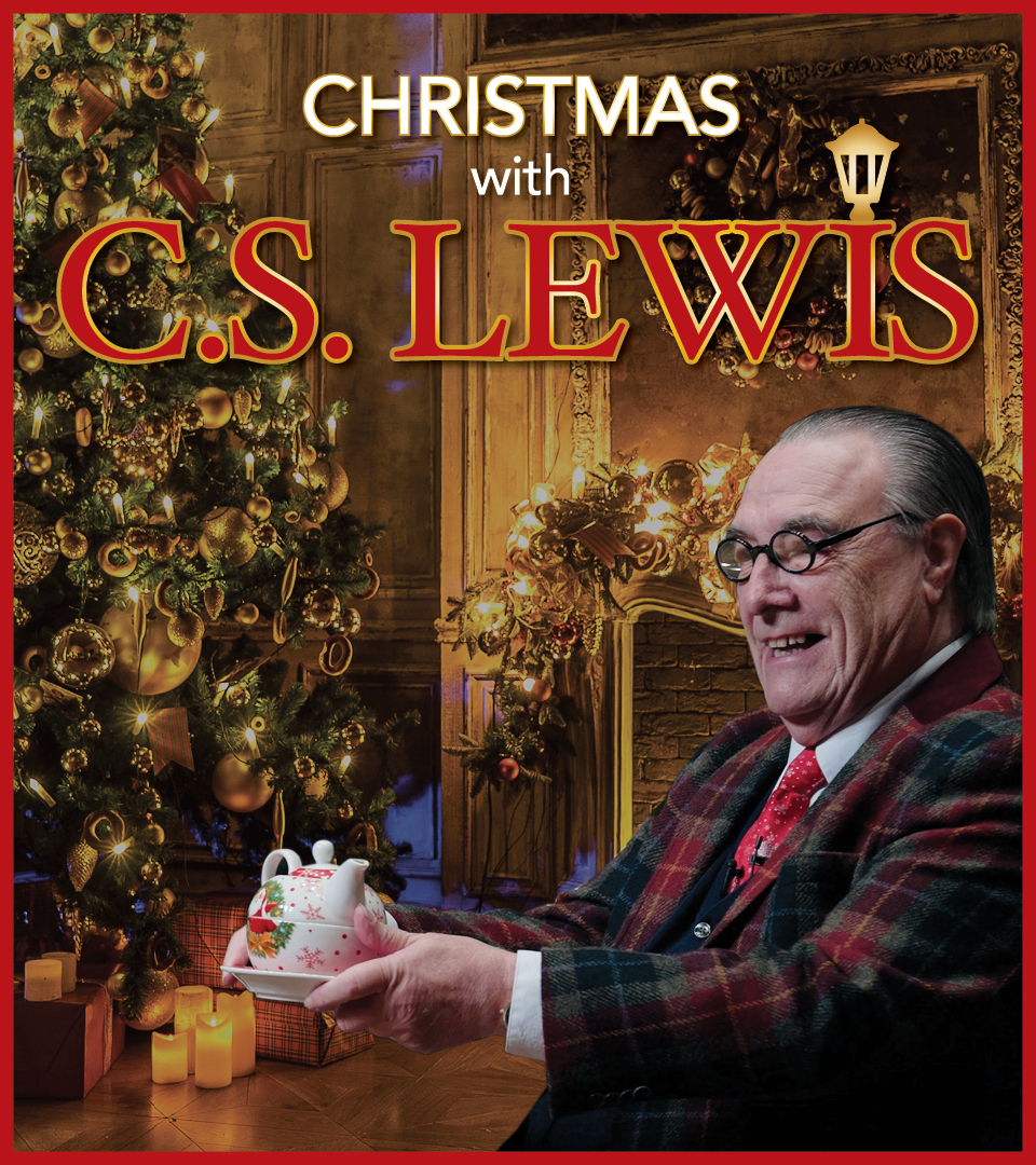 Christmas with C.S. Lewis. C.S. Lewis sitting by the fire with tea.